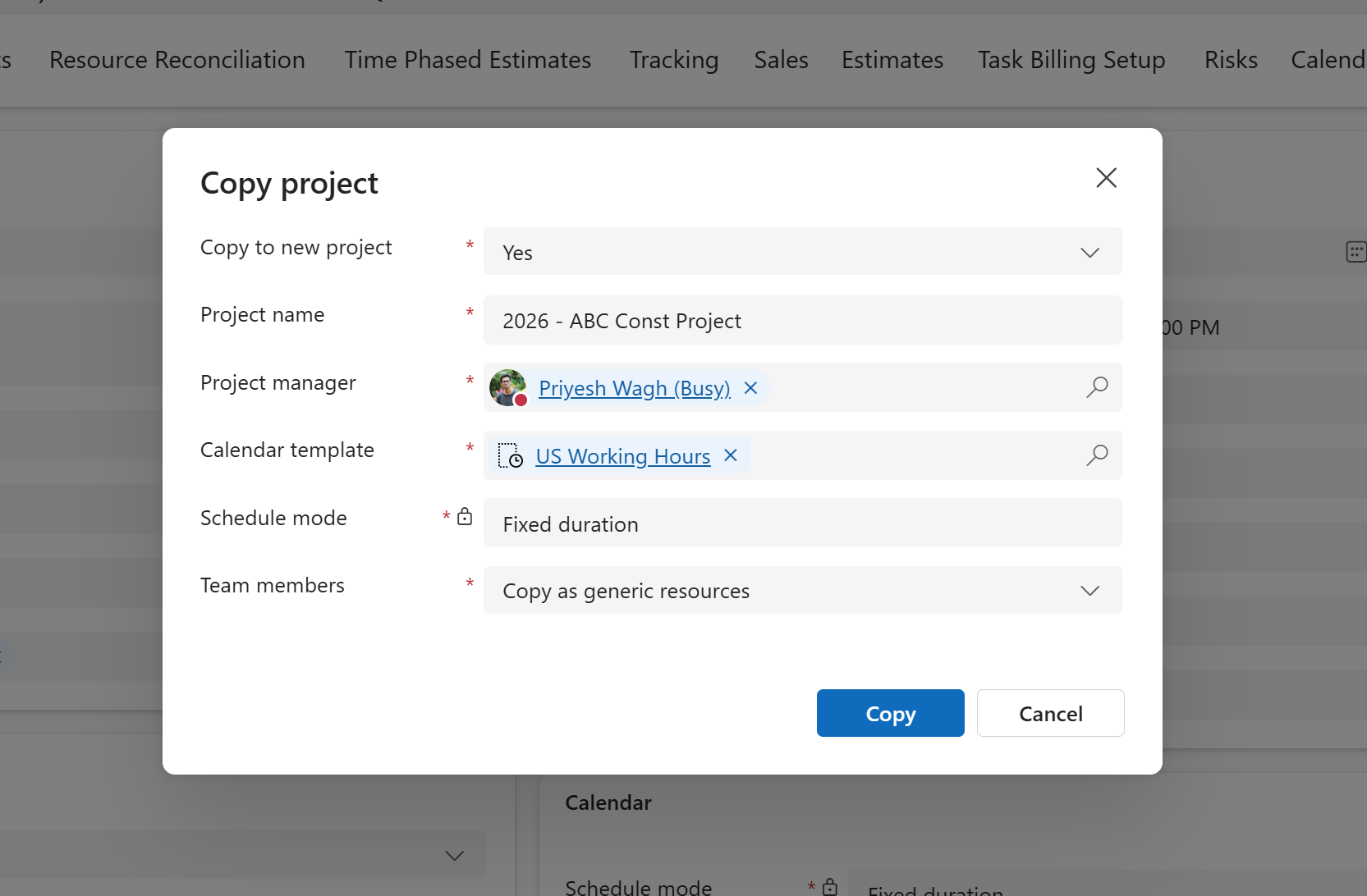 New Copy Project Experience in Project Operations